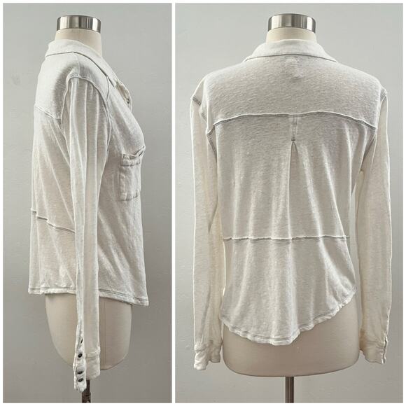 Free People We the Free Caroline Contrast Stitch Slub Shirt Linen Large White - Picture 3 of 11